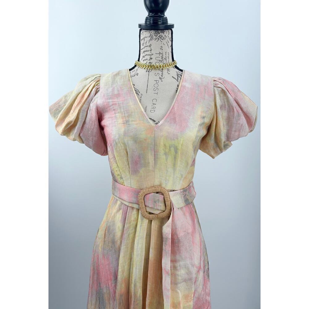 B51 Hunter Bell Sunset Ruffled Midi Dress 0‎ Linen Belted Puff Sleeve Flowy - Picture 5 of 9